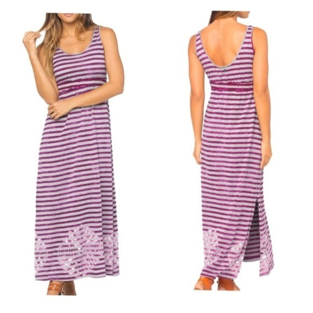 prAna Women's Adrienne Purple Gray Striped Maxi Tie Dye Hem Dress Size small